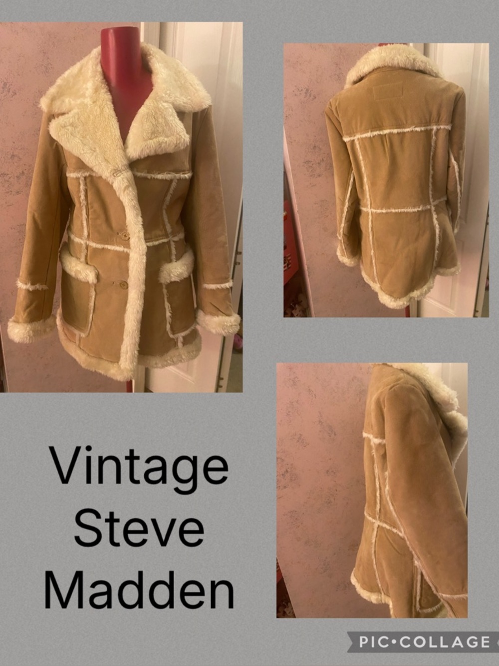 - Rare Genuine leather faux fur Vintage Steve Madden sherpa coat tan and cream M